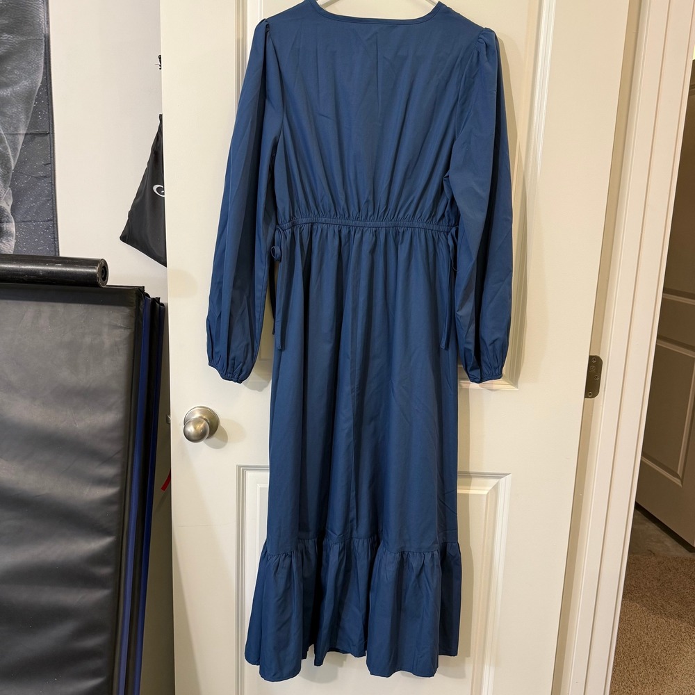 NEW Cupshe Womens S Long Sleeve V-Neck Tiered Midi Dress Blue Ruffle Tie Modest - Picture 11 of 14